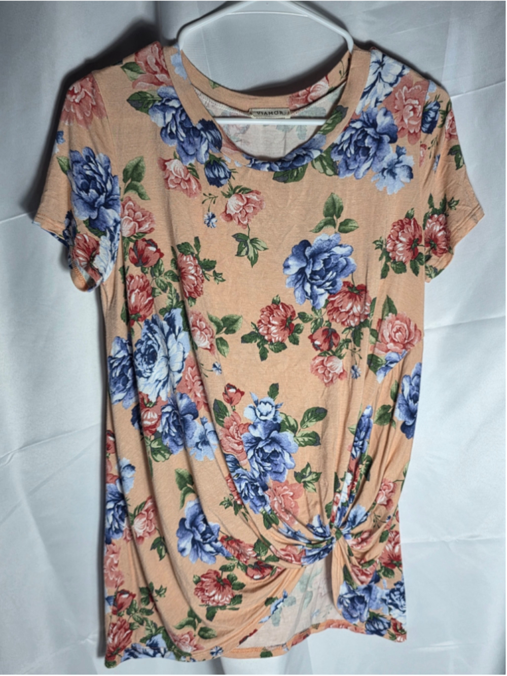 Women's Viamor Floral Short Sleeve Tee, Size S, Beige and Blue cottagecore boho